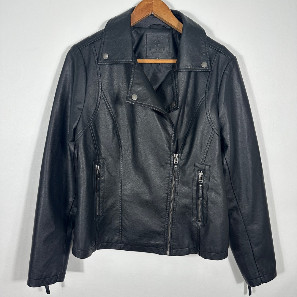 Max Studio Moto Jacket Womens XL Black Excellent Faux Leather Asymmetric Zip